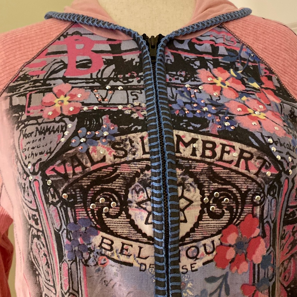 Vanilla Sugar vintage denim blue/gray floral collage zipper long sleeve hoodie